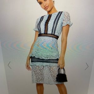 Dusty blue lace ruffle detail midi dress